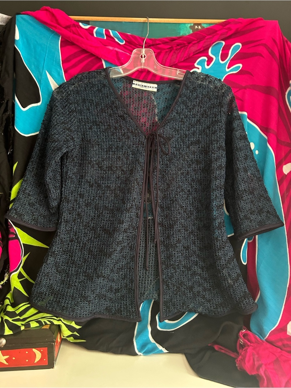 Point Zero Nicole Benisti Black Metallic Mesh Tie Front Cardigan Y2K Sheer Top - Picture 7 of 11
